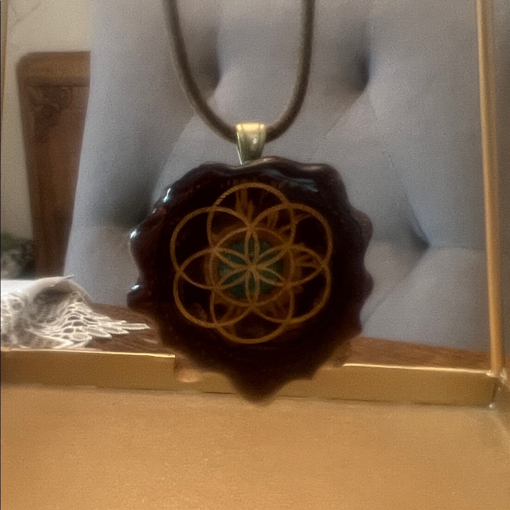 Pine Cone Gold And Turquoise Pendant Necklace On Brown Cord.